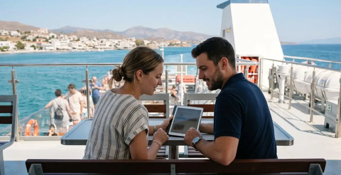 Una coppia giovane vista di spalle consulta insieme un tablet sul ponte esterno di un traghetto moderno in una giornata di sole
