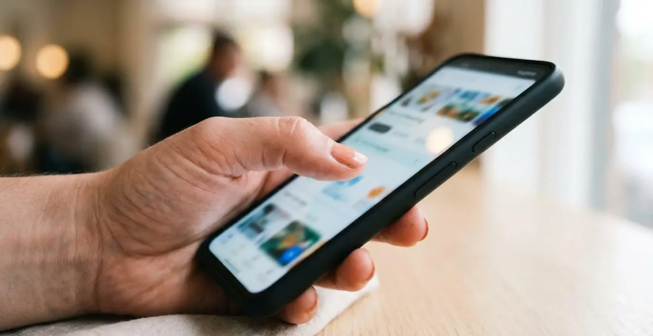 Primo piano di una mano che tiene uno smartphone moderno con lo schermo completamente sfocato, su sfondo pulito con luce naturale