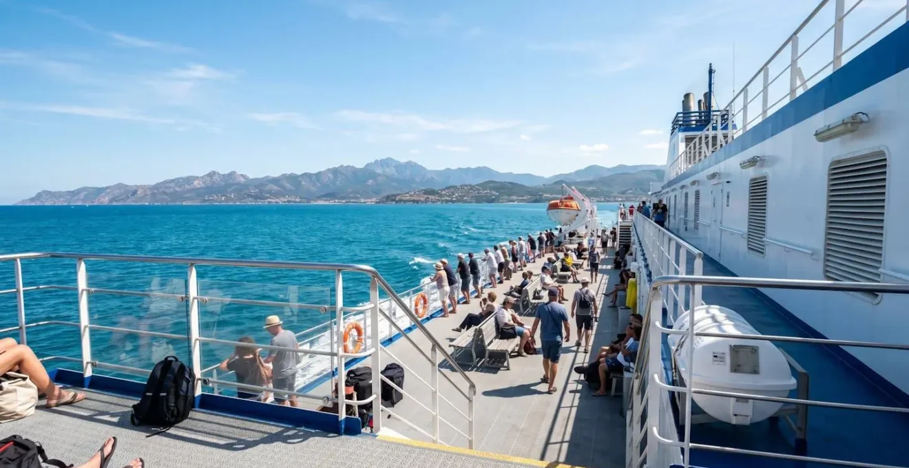 Vista panoramica dal ponte di un moderno traghetto che naviga verso la costa della Corsica visibile all'orizzonte sotto un cielo azzurro