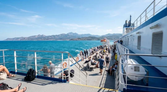 Vista panoramica dal ponte di un moderno traghetto che naviga verso la costa della Corsica visibile all'orizzonte sotto un cielo azzurro